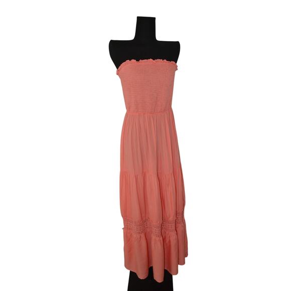 Smocked Ruffled Tier Tube Maxi Dress Coral Color Size Small NWT - Picture 1 of 7